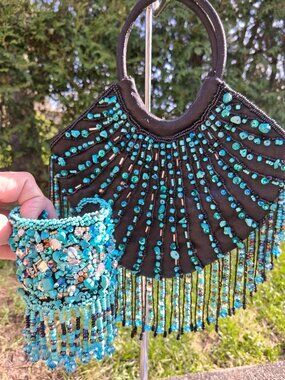 Boho-Chic Beaded Sequins Turquoise Fringe Handbag and Cuff Fringe Bracelet